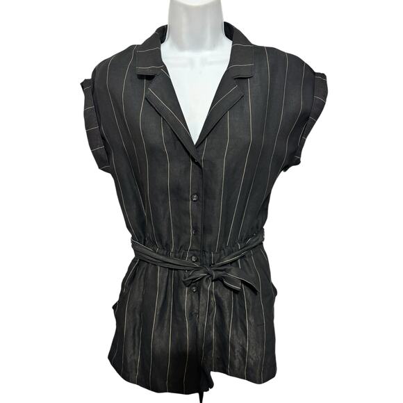 David Lerner NWT Collared Tie Waist Romper Sz S Striped Short Sleeve Whimsygoth - Picture 1 of 6